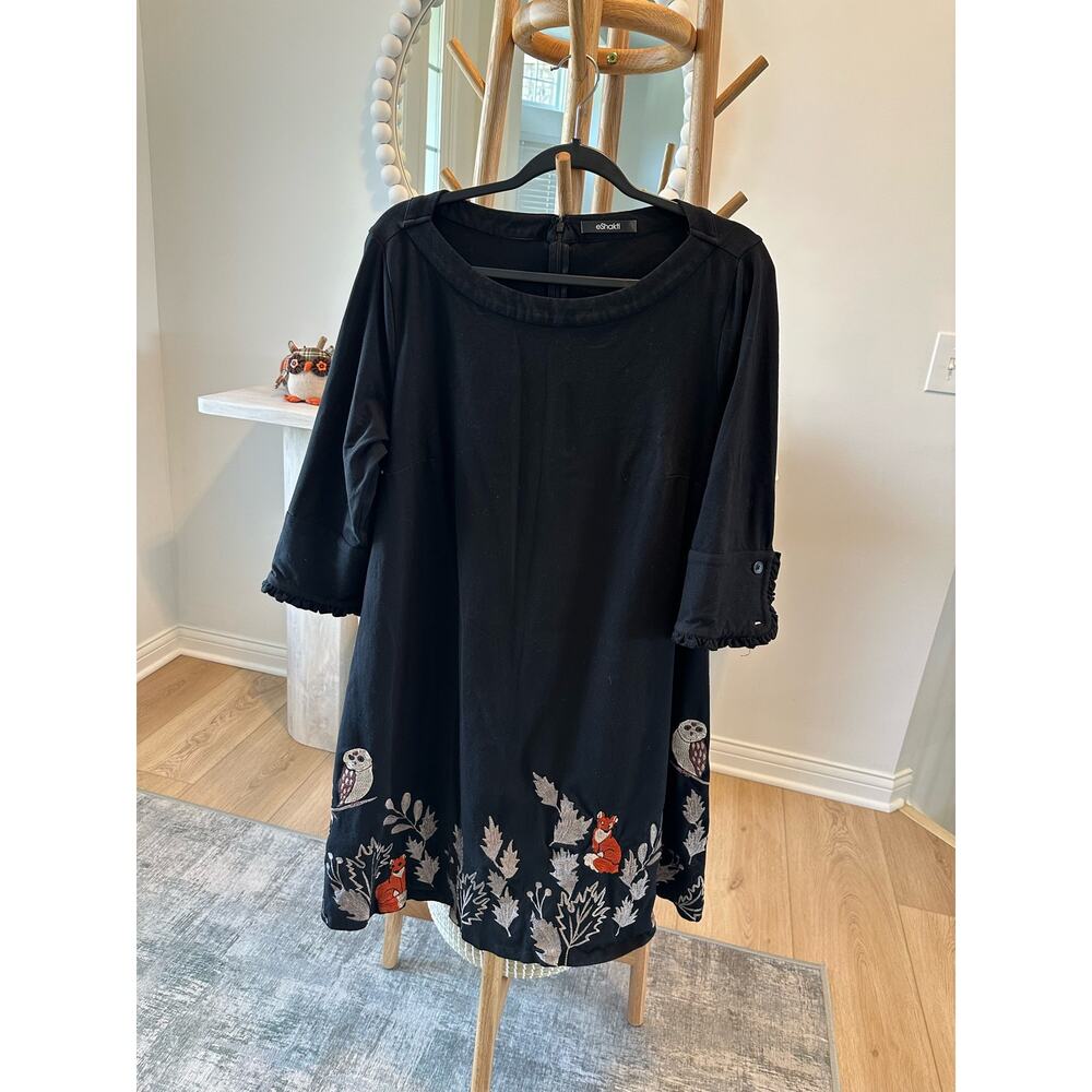 Fox and Owl Embroidery Black Dress - Size 16W